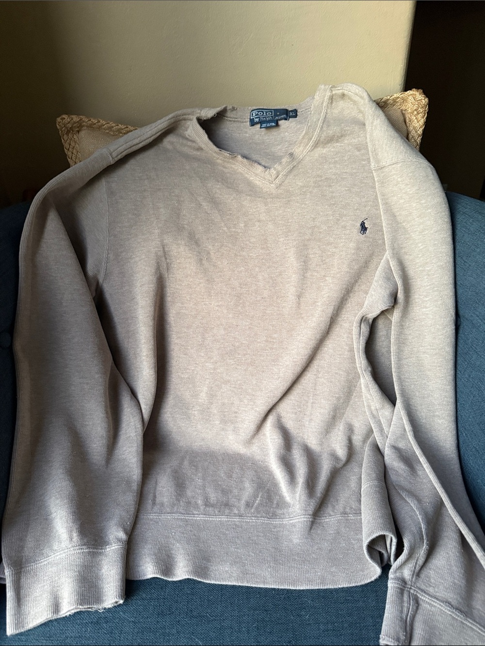 Vintage Polo Ralph Lauren 90s Heather Beige Distressed V-Neck Sweatshirt XL